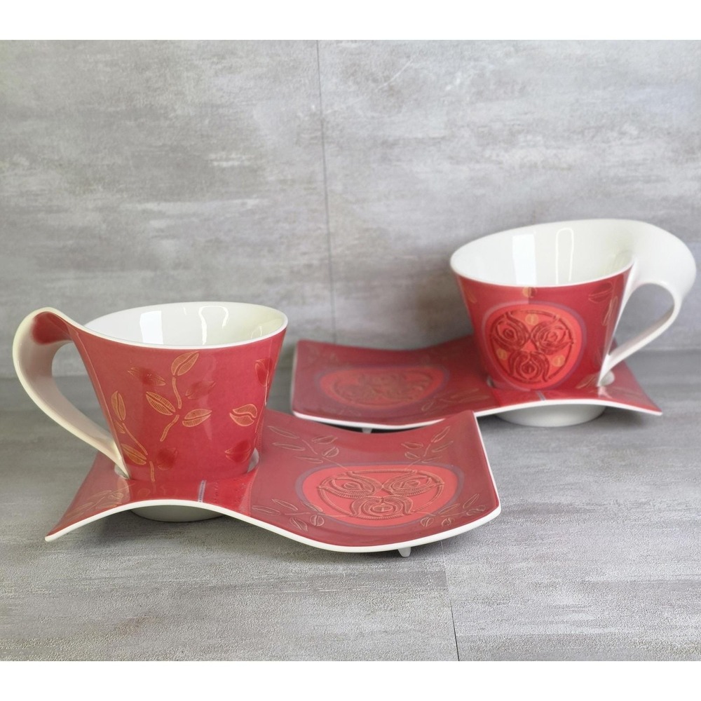 2 Villeroy & Boch New Wave Caffe Merah Coffee Mugs 12oz & Saucers Discontinued